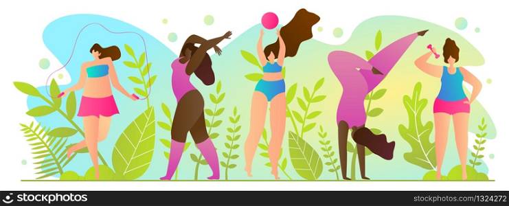 Active Sports in Summer, Vector Illustration. Active form Rest. Young Women Play Sports on Street. Girl Bends with Rope. Woman Playing Ball. Like-minded Person Engaged Sports with Dumbbells.