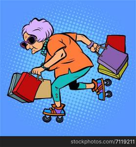 Active sports old lady with shopping. Comic cartoon pop art retro vector illustration drawing. Active sports old lady with shopping