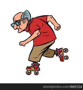 Active sports old man on roller skates. Comic cartoon pop art retro vector illustration drawing. Active sports old man on roller skates