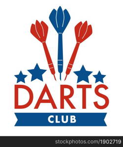 Active sports or hobby, isolated banner or emblem for darts club. Label with ribbons and inscription, stars and arrows with needles. Achievement and success, relaxation and rest. Vector in flat style. Darts club, arrows and stars, sports banner vector