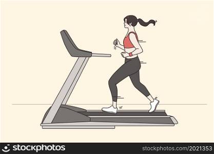 Active sporty lifestyle and jogging concept. Young smiling girl wearing sportswear running in gym on treadmill feeling excited vector illustration . Active sporty lifestyle and jogging concept