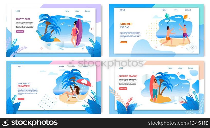 Active Summer Tropic Vacation Landing Page Set. Cartoon Flat Characters Doing Modern Sport Activities and Resting on Beach. Surfing, Outdoors Entertainment, Sunbathing. Vector Illustration. Active Summer Tropic Vacation Landing Page Set