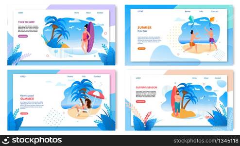 Active Summer Tropic Vacation Landing Page Set. Cartoon Flat Characters Doing Modern Sport Activities and Resting on Beach. Surfing, Outdoors Entertainment, Sunbathing. Vector Illustration. Active Summer Tropic Vacation Landing Page Set