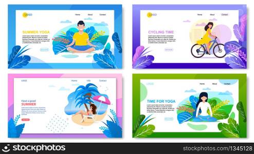 Active Summer Vacation Advertising Landing Page Set. Cartoon Text Banner Template Offering Cycling, Yoga Exercising and Meditation Outdoors, Rest on Tropical Beach. Vector Flat Illustration. Active Summer Vacation Cartoon Landing Page Set