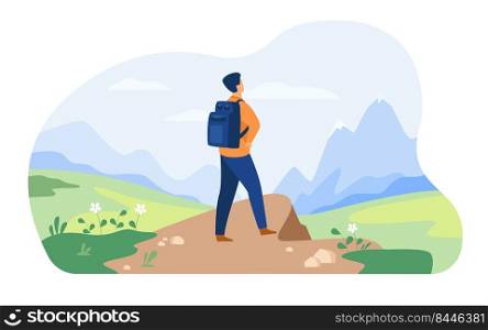 Active tourist hiking in mountain. Man wearing backpack, enjoying trekking, looking at snowcapped peaks. Vector illustration for nature, wilder≠ss, adventure travel concept