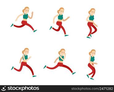 Active training woman set running with different speed in various positions in flat style isolated vector illustration. Active Training Woman Set