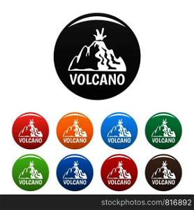 Active volcano icons set 9 color vector isolated on white for any design. Active volcano icons set color