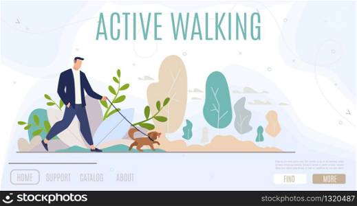Active Walking, Healthy Lifestyle, City People Recreation Flat Vector Web Banner, Landing Page Template with Man Resting, Townsman Walking with Puppy on Leash in City Park or Square Illustration