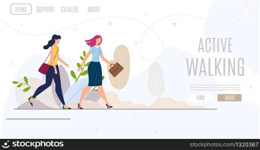Active Walking, Women Healthy Lifestyle Flat Vector Web Banner, Landing Page Template. Businesswoman, Female Employee in Strict Clothes Walking in Park or Sidewalk, Hurrying in Business Illustration