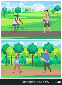 Active weekend in park, adult and children with bicycle and skateboard, man using phone, activity in park, sunny and cloudy weather, transport vector. Flat cartoon. Man and Woman on Transport in Park, Leisure Vector