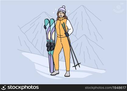 Active winter lifestyle and leisure concept. Young smiling woman cartoon character standing holding mountain ski and sticks on mountains in winter vector illustration. Active winter lifestyle and leisure concept