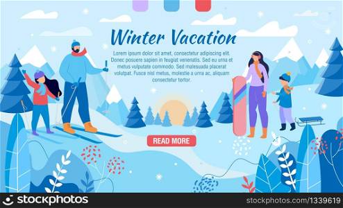 Active Winter Vacation for Family Advertising Webpage Banner. Happy Mother, Father and Children Skiing, Snowboarding, Sledding Together. Weekends on Mountain Resort. Vector Illustration