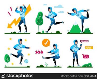 Active Young Man Angry Because Problems, Feeling Stress, Jogging, Stretching and Squatting Outdoors, Playing in Soccer in Park, Communicating with Friends Online Trendy Flat Vector Illustrations Set