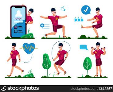 Active Young Man Doing Fitness Exercise Trendy Flat Vector Concepts Set. Man Stretching and Squatting, Waking, Rope Jumping, Working with Dumbbells, Monitoring Training Results on Phone Illustration