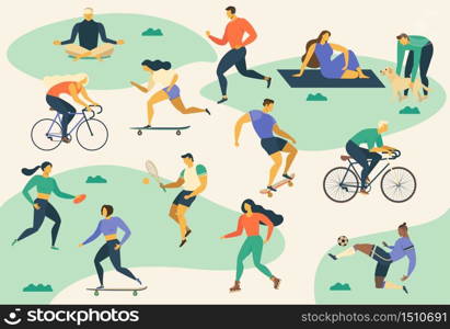 Active young people. Healthy lifestyle. Roller skates, running, bicycle, run, walk, yoga Design element colorful Vector illustrations. Active young people Healthy lifestyle. Roller skates, running, bicycle, run, walk, yoga. Design element colorful. Vector illustrations.