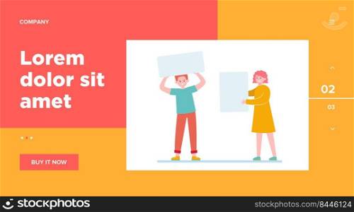 Activist holding support placards. Man and woman with white blank banner and poster flat vector illustration. Social c&aign, picket concept for banner, website design or landing web page