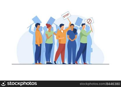 Activists at protest meeting. Crowd of people with placards standing together flat vector illustration. Protesters, society concept for banner, website design or landing web page
