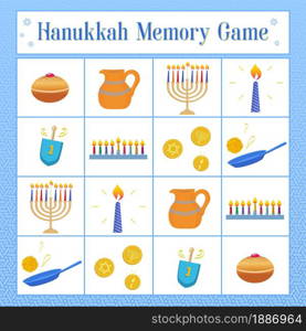 Activities for children related to Hanukkah. Memory Game with symbols of Jewish holiday Hanukkah, dreidel, donuts, oil jar, coins, latkes. Vector illustration.. Memory Game with symbols of Jewish holiday Hanukkah, dreidel, donuts, oil jar, coins, latkes. Vector illustration.