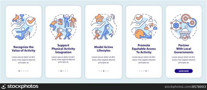 Activities for student mental health onboarding mobile app screen. Walkthrough 5 steps editable graphic instructions with linear concepts. UI, UX, GUI template. Myriad Pro-Bold, Regular fonts used. Activities for student mental health onboarding mobile app screen