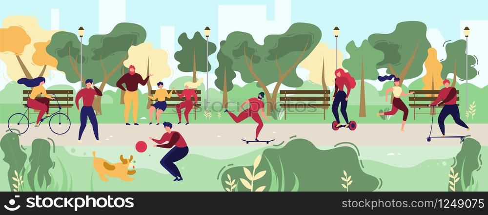 Activities in City Park Flat Vector Concept. People Resting on Bench, Meeting with Friends, Running, Riding Bicycle, Hoverboard and Skateboard, Playing with Pet Illustration. Modern City Public Space