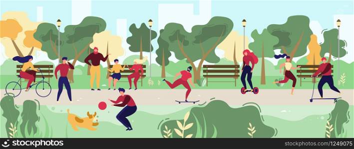 Activities in City Park Flat Vector Concept. People Resting on Bench, Meeting with Friends, Running, Riding Bicycle, Hoverboard and Skateboard, Playing with Pet Illustration. Modern City Public Space