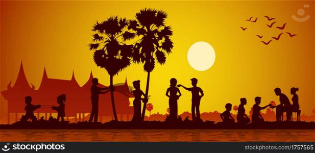 Activities of Song kran day famous festival of Thailand Loas Myanmar and Cambodia,new year,silhouette design,vector illustration