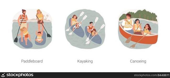 Activities on the lake isolated cartoon vector illustration set. Family paddleboarding, summer vacation activity, kayaking with kids, lake canoeing, entertainment in the nature vector cartoon.. Activities on the lake isolated cartoon vector illustration set.