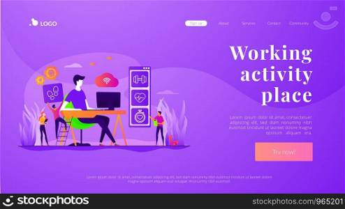 Activity and break reminder, app. Sedentary work, inactive lifestyle. Fitness tracker. IOT office desk, health tracking, working activity place concept. Website homepage header landing web page template.. Health-focused IOT desks landing page template