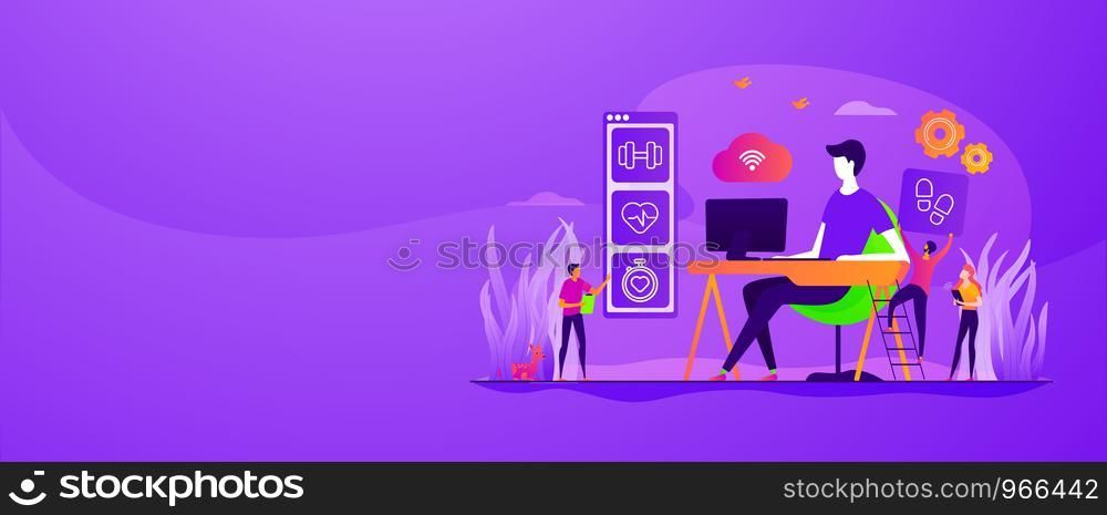 Activity and break reminder, app. Sedentary work, inactive lifestyle. Fitness tracker. IOT office desk, health tracking, working activity place concept. Header or footer banner template with copy space.. Health-focused IOT desks web banner concept