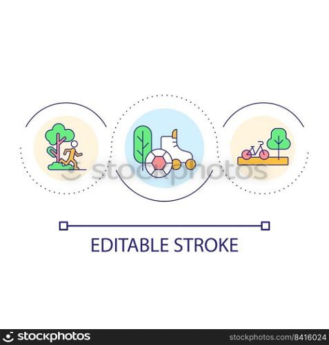 Activity and healthy lifestyle loop concept icon. Urban places for sports exercises. Infrastructure abstract idea thin line illustration. Isolated outline drawing. Editable stroke. Arial font used. Activity and healthy lifestyle loop concept icon
