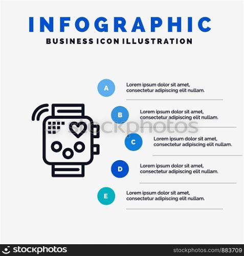 Activity, Device, Fitness, Heartbeat, Monitoring Line icon with 5 steps presentation infographics Background