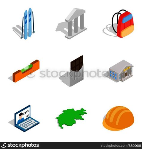 Activity icons set. Isometric set of 9 activity vector icons for web isolated on white background. Activity icons set, isometric style