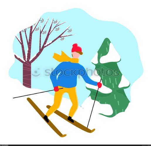 Activity of person skiing with sticks by downhill. Man character wearing scarf and hat going by snowy hill near fir-tree. Professional skier male enjoying extreme active with ski outdoor vector. Male Skiing by Snowy Downhill near Spruce Vector