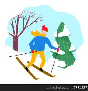 Activity of person skiing with sticks by downhill. Man character wearing scarf and hat going by snowy hill near fir-tree. Professional skier male enjoying extreme active with ski outdoor vector. Male Skiing by Snowy Downhill near Spruce Vector