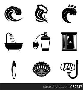 Activity of water icons set. Simple set of 9 activity of water vector icons for web isolated on white background. Activity of water icons set, simple style