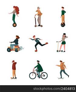 Activity people. Urban riding active lifestyle person on electric scooters rollers bikes vehicles garish vector flat illustrations. City urban activity scooter and bike. Activity people. Urban riding active lifestyle person on electric scooters rollers bikes vehicles garish vector flat illustrations