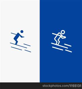 Activity, Ski, Skiing, Sportsman Line and Glyph Solid icon Blue banner Line and Glyph Solid icon Blue banner