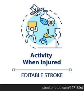 Activity when injured concept icon. Work and safety regulations non-compliance, physical and chemical factors thin line illustration. Vector isolated outline RGB color drawing. Editable stroke