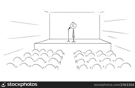 Actor, speaker, singer or businessman standing in empty conference hall with no viewers, vector cartoon stick figure or character illustration.. Person, Speaker, Actor, Singer or Businessman Standing in Empty Conference Hall or Theater, Vector Cartoon Stick Figure Illustration