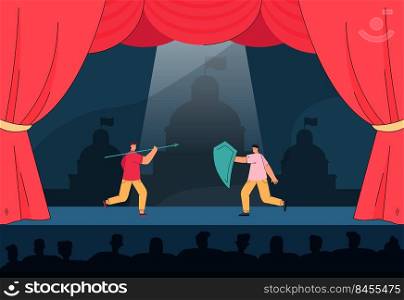 Actors fighting on stage flat vector illustration. Two young smiling men holding spear and shield in scene. Theater and play concept for banner, website design or landing web page