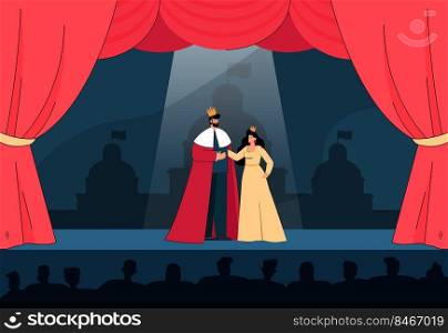 Actors playing king and queen in front of watching audience. People performing on theater stage flat vector illustration. Theater performance concept for banner, website design or landing web page