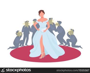Actress in fancy dress on red carpet flat concept vector illustration. Movie premiere, festival. Woman posing to paparazzi 2D cartoon character for web design. Entertainment industry creative idea. Actress in fancy dress on red carpet flat concept vector illustration