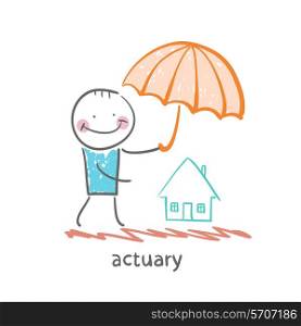 actuary holding an umbrella over the house