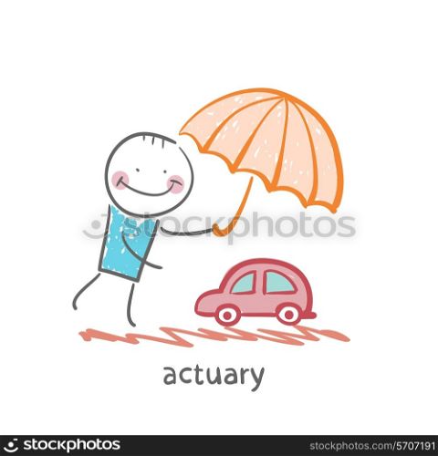 actuary holding an umbrella over the machine