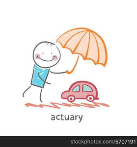 actuary holding an umbrella over the machine