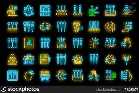 Acupuncture icons set outline vector. Meridian body. Live point neon color on black. Acupuncture icons set vector neon