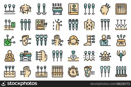 Acupuncture icons set outline vector. Meridian body. Live point thin line color flat on white isolated. Acupuncture icons set vector line color