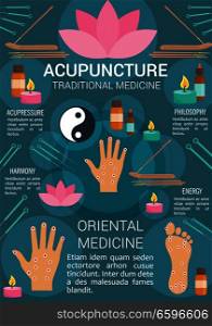 Acupuncture medicine poster for traditional Asian treatment. Vector design of acupuncture needles on hand and foot sensory points, aromatherapy oil candles or lotus and Yin Yang symbol. Acupuncture traditional medicine vector poster