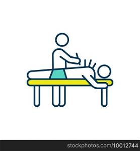 Acupuncture treatment RGB color icon. Muscle discomfort relieving. Inserting steel needles into skin. Alternative therapy. Chronic back pain treating. Controlling nausea. Isolated vector illustration. Acupuncture treatment RGB color icon