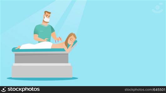 Acupuncturist performing acupuncture therapy on the back of a customer in a beauty salon. Young caucasian woman getting acupuncture treatment. Vector flat design illustration. Horizontal layout.. Acupuncturist doctor making acupuncture therapy.